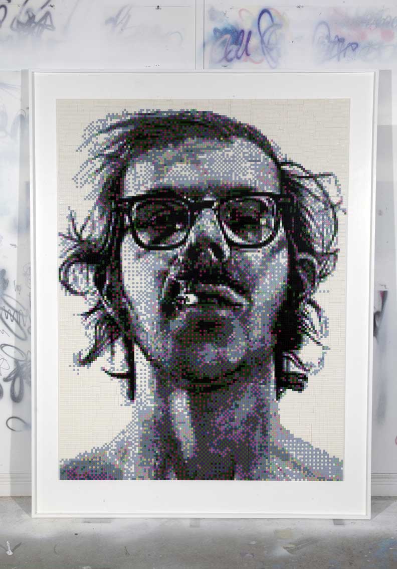 Chuck Close Portrait Created Using Only Lego