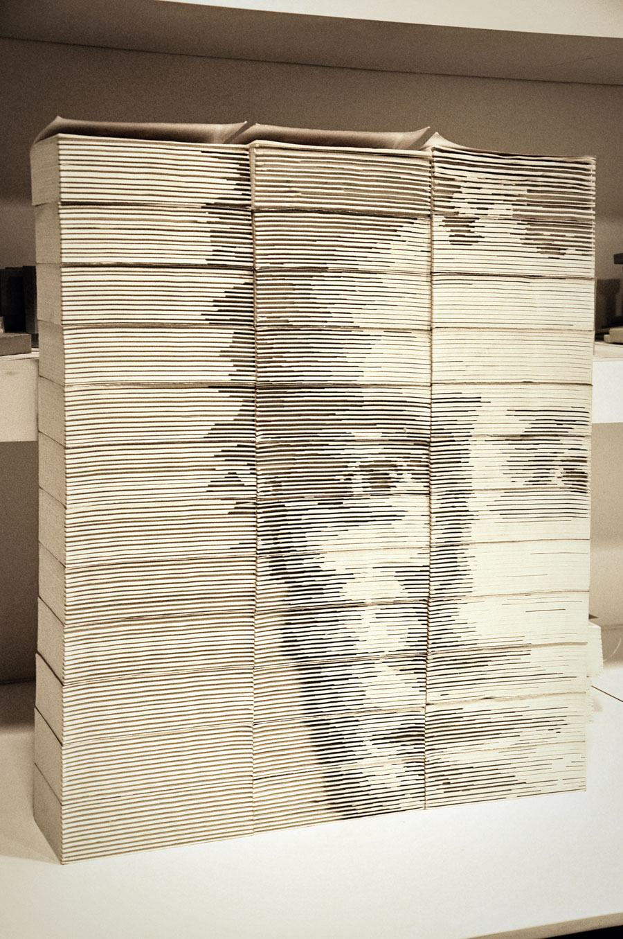 Mark Zuckerberg Portrait Created From Carved & Stacked Books