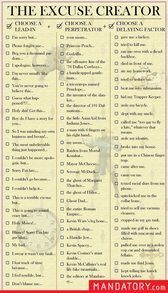 Always Sport The Perfect Excuse With This Excuse Creator Always Sport The Perfect Excuse With This Excuse Creator