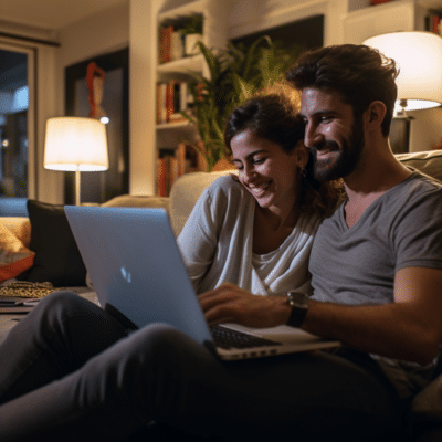 Couple Together Using Laptop Game Entertaiment