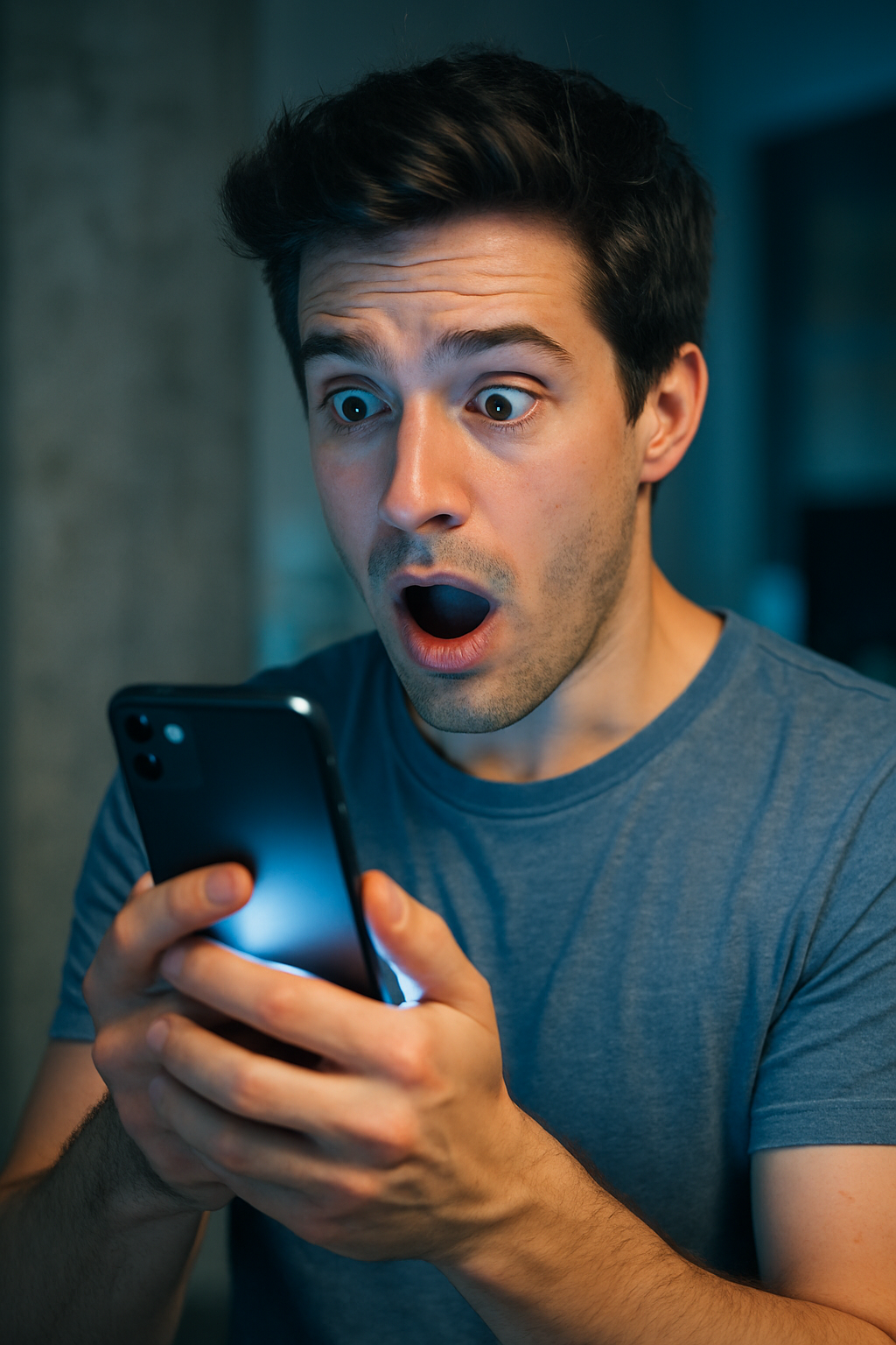 A young man holding a smartphone with a look of amazement as the screen reveals functions he did not know existed.