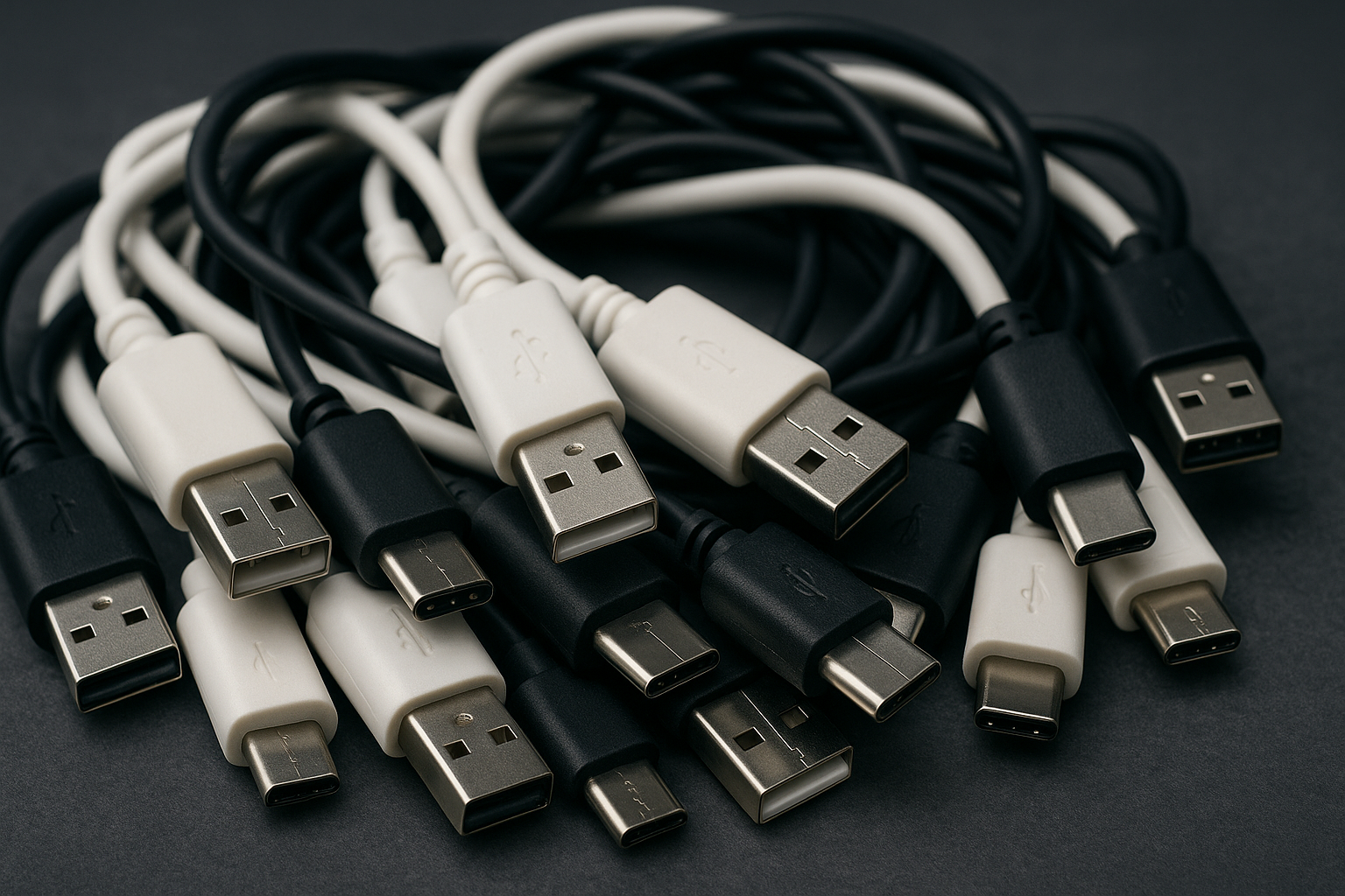 Pile of assorted cheap USB cables with mixed USB-A, USB-C, and Micro-USB connectors photographed on a dark surface.
