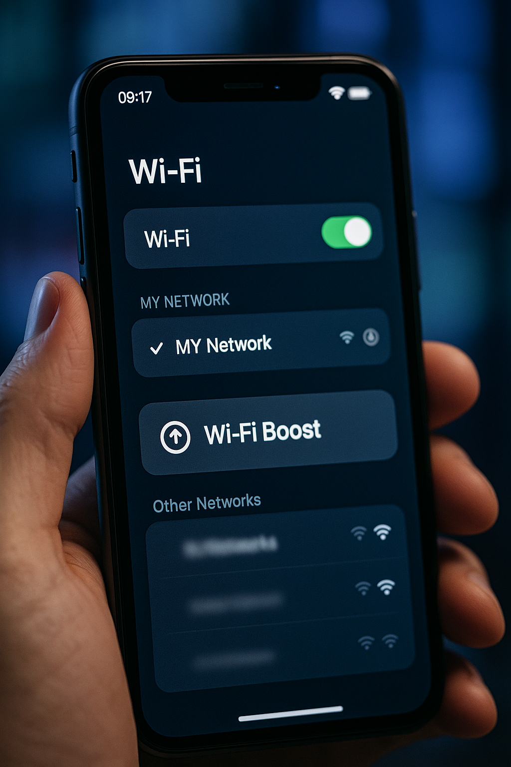 Close up of a smartphone displaying WiFi settings with a prominent WiFi Boost button highlighted on the screen.