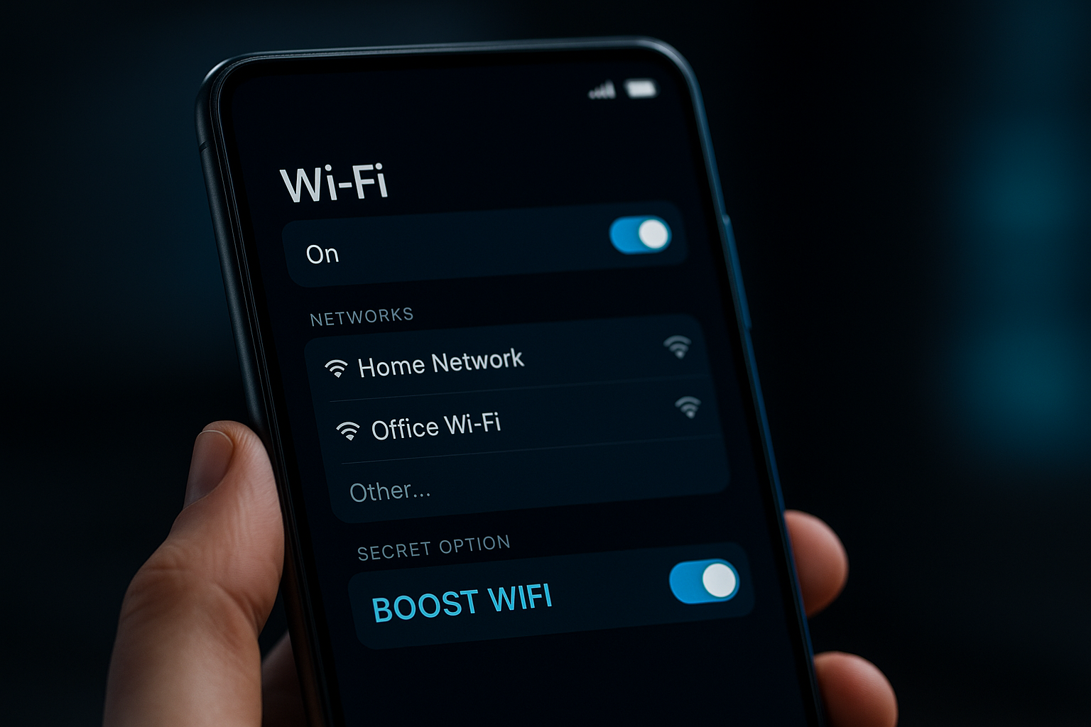 A hand holding a smartphone showing a hidden WiFi settings screen with a glowing Boost WiFi toggle.