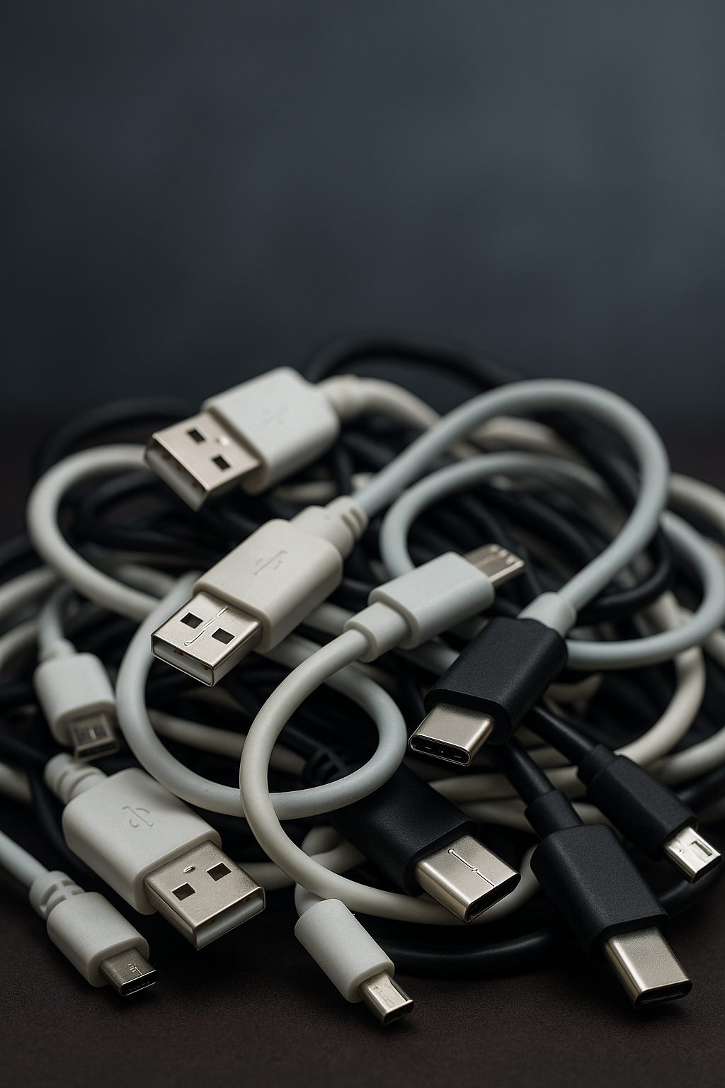 Tangled vertical pile of USB charging cables with USB-A, USB-C, and Micro-USB connectors in a portrait-style tech image.