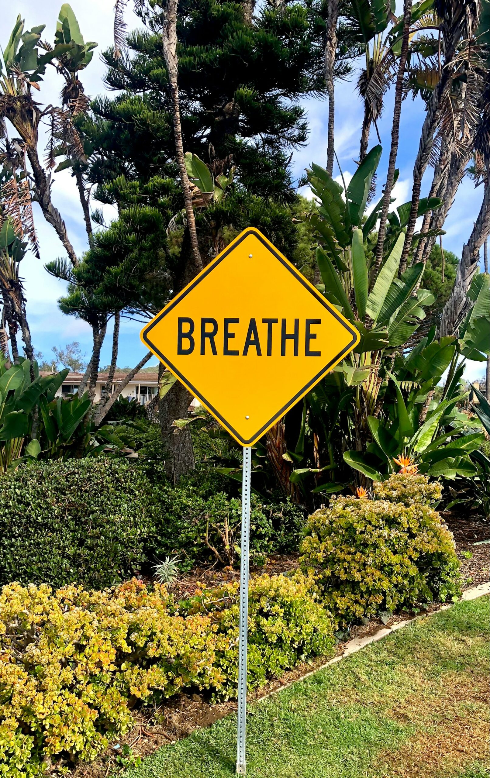 A walk path "Breathe" sign in a tropical area allowing you to relax