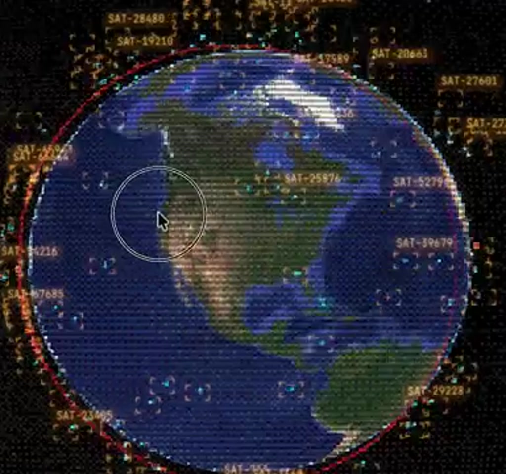 Vertical view of a geospatial dashboard with an interactive world map, colored data overlays, and side panels of real-time charts and indicators