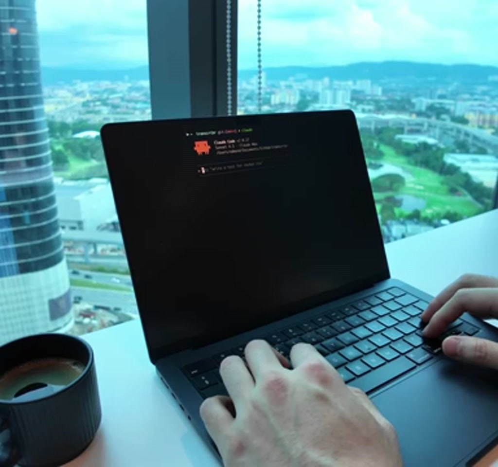 Individual developer at a laptop reviewing highlighted code snippets with a numbered overlay listing six features and a Claude logo
