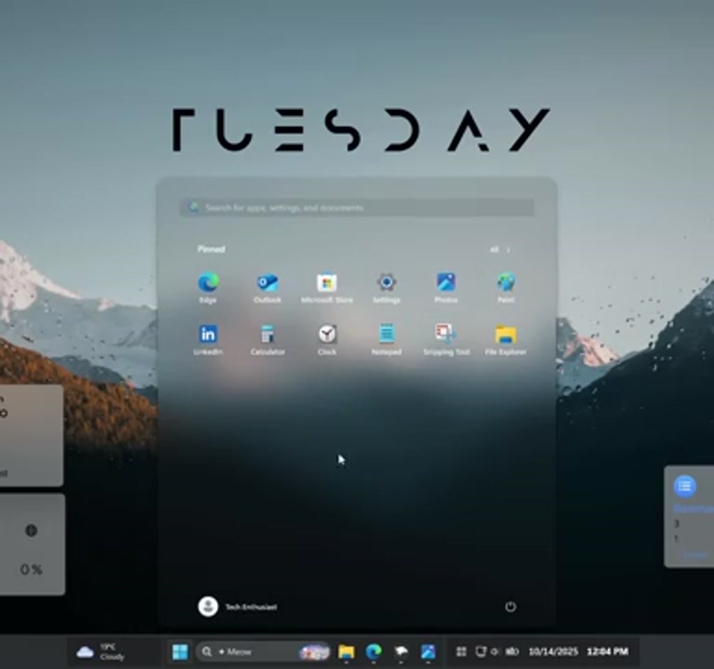 Customized Windows 11 workspace with a dynamic Lively Wallpaper background, Rainmeter system skins along the edge and Windhawk widgets